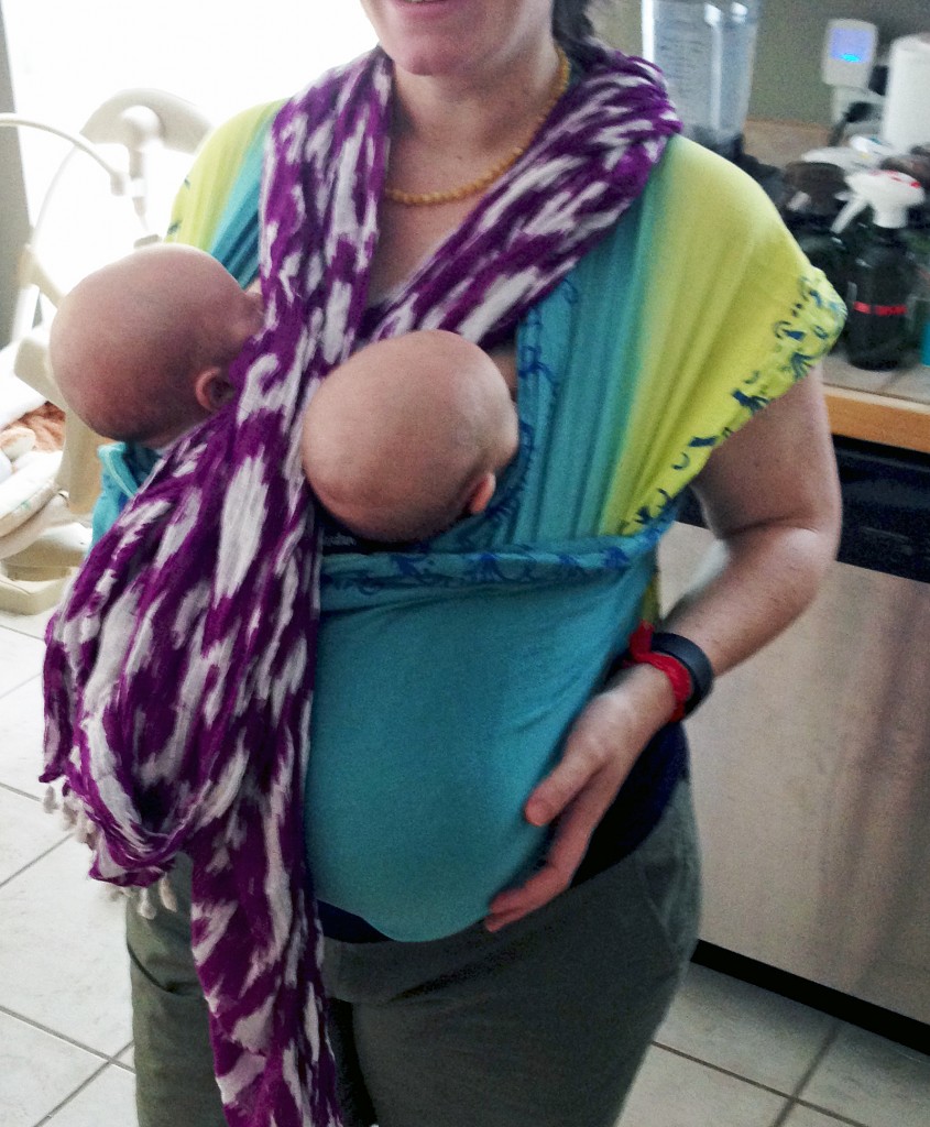 Tandem Wrapping Twins Babywearing Twins wrapped in Wrapsody Breeze with scarf